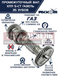 Изображение раздела вал кпп газ-3110 (дв.змз),3302 (дв.cummins isf 2.8) промежуточный z=35 акком
