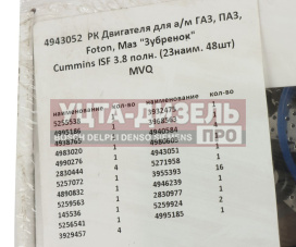 Изображение раздела прокладка двигателя газ,паз дв.cummins isf 3.8 комплект (23 поз.48дет.) птп